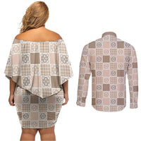 Hawaiian Palaka Quilt Pattern Couples Matching Off Shoulder Short Dress and Long Sleeve Button Shirt Hawaii Culture Tropical Flowers Mix LT9 - Polynesian Pride