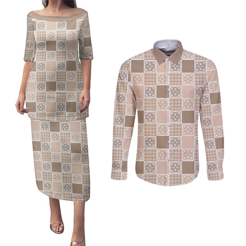 Hawaiian Palaka Quilt Pattern Couples Matching Puletasi and Long Sleeve Button Shirt Hawaii Culture Tropical Flowers Mix LT9 Beige - Polynesian Pride