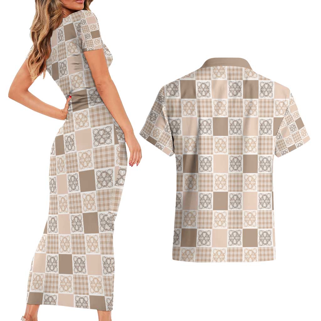 Hawaiian Palaka Quilt Pattern Couples Matching Short Sleeve Bodycon Dress and Hawaiian Shirt Hawaii Culture Tropical Flowers Mix LT9 - Polynesian Pride