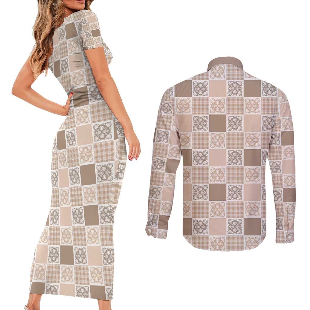 Hawaiian Palaka Quilt Pattern Couples Matching Short Sleeve Bodycon Dress and Long Sleeve Button Shirt Hawaii Culture Tropical Flowers Mix LT9 - Polynesian Pride