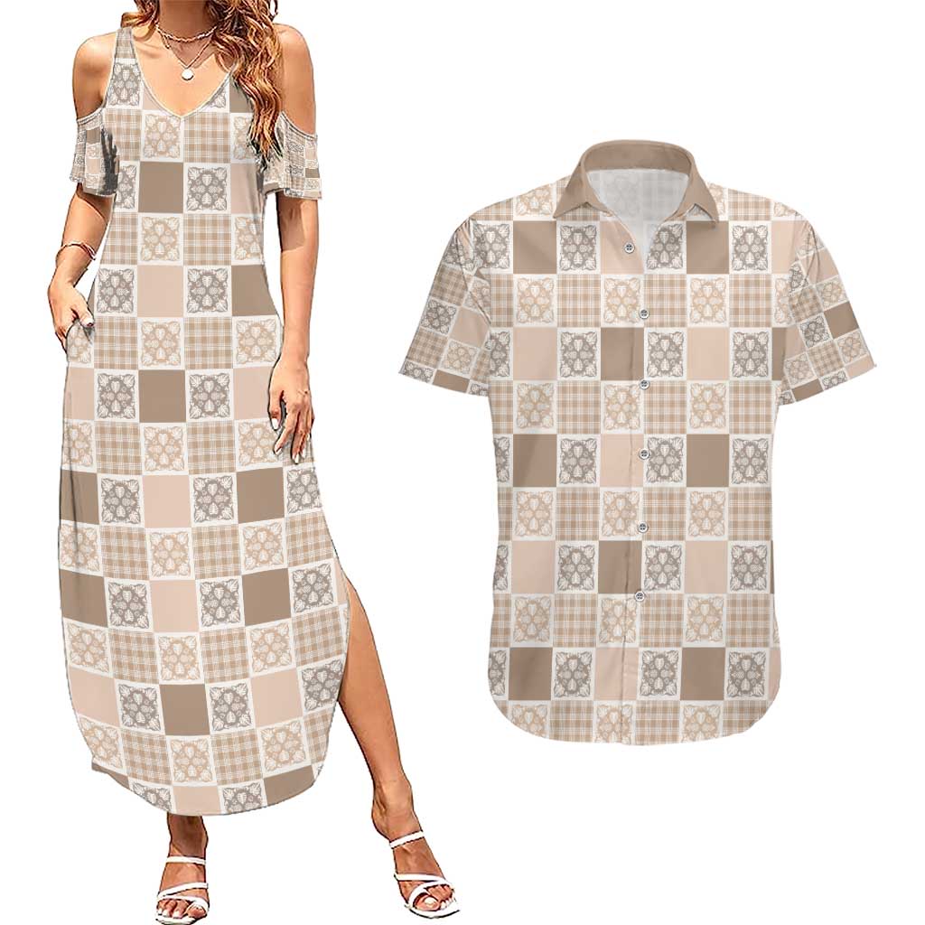 Hawaiian Palaka Quilt Pattern Couples Matching Summer Maxi Dress and Hawaiian Shirt Hawaii Culture Tropical Flowers Mix LT9 Beige - Polynesian Pride