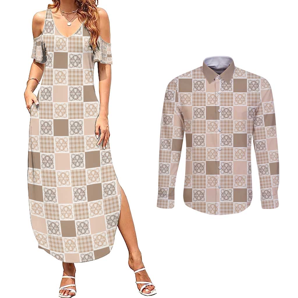 Hawaiian Palaka Quilt Pattern Couples Matching Summer Maxi Dress and Long Sleeve Button Shirt Hawaii Culture Tropical Flowers Mix LT9 Beige - Polynesian Pride