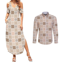 Hawaiian Palaka Quilt Pattern Couples Matching Summer Maxi Dress and Long Sleeve Button Shirt Hawaii Culture Tropical Flowers Mix LT9 Beige - Polynesian Pride