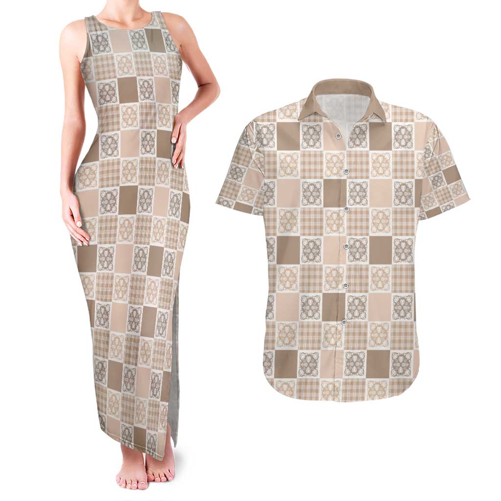 Hawaiian Palaka Quilt Pattern Couples Matching Tank Maxi Dress and Hawaiian Shirt Hawaii Culture Tropical Flowers Mix LT9 Beige - Polynesian Pride