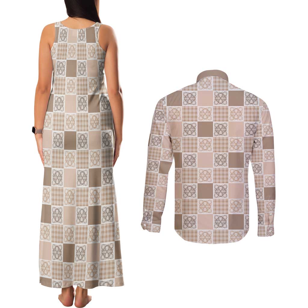 Hawaiian Palaka Quilt Pattern Couples Matching Tank Maxi Dress and Long Sleeve Button Shirt Hawaii Culture Tropical Flowers Mix LT9 - Polynesian Pride