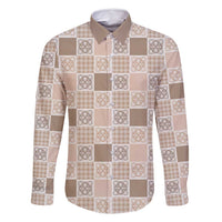 Hawaiian Palaka Quilt Pattern Family Matching Long Sleeve Bodycon Dress and Hawaiian Shirt Hawaii Culture Tropical Flowers Mix LT9 Dad's Shirt - Long Sleeve Beige - Polynesian Pride