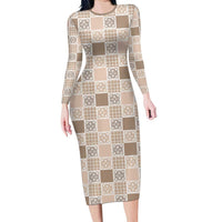 Hawaiian Palaka Quilt Pattern Family Matching Long Sleeve Bodycon Dress and Hawaiian Shirt Hawaii Culture Tropical Flowers Mix LT9 Mom's Dress Beige - Polynesian Pride