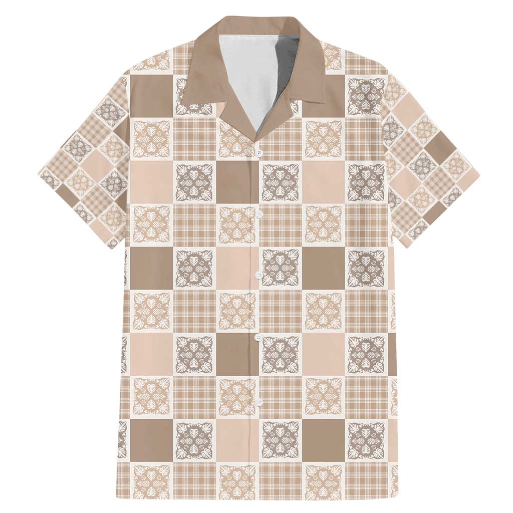 Hawaiian Palaka Quilt Pattern Family Matching Mermaid Dress and Hawaiian Shirt Hawaii Culture Tropical Flowers Mix LT9 Dad's Shirt - Short Sleeve Beige - Polynesian Pride