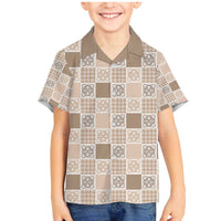 Hawaiian Palaka Quilt Pattern Family Matching Mermaid Dress and Hawaiian Shirt Hawaii Culture Tropical Flowers Mix LT9 Son's Shirt Beige - Polynesian Pride