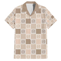Hawaiian Palaka Quilt Pattern Family Matching Off The Shoulder Long Sleeve Dress and Hawaiian Shirt Hawaii Culture Tropical Flowers Mix LT9 Dad's Shirt - Short Sleeve Beige - Polynesian Pride