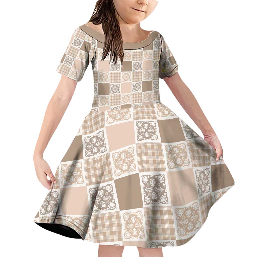 Hawaiian Palaka Quilt Pattern Family Matching Off Shoulder Short Dress and Hawaiian Shirt Hawaii Culture Tropical Flowers Mix LT9 Daughter's Dress Beige - Polynesian Pride