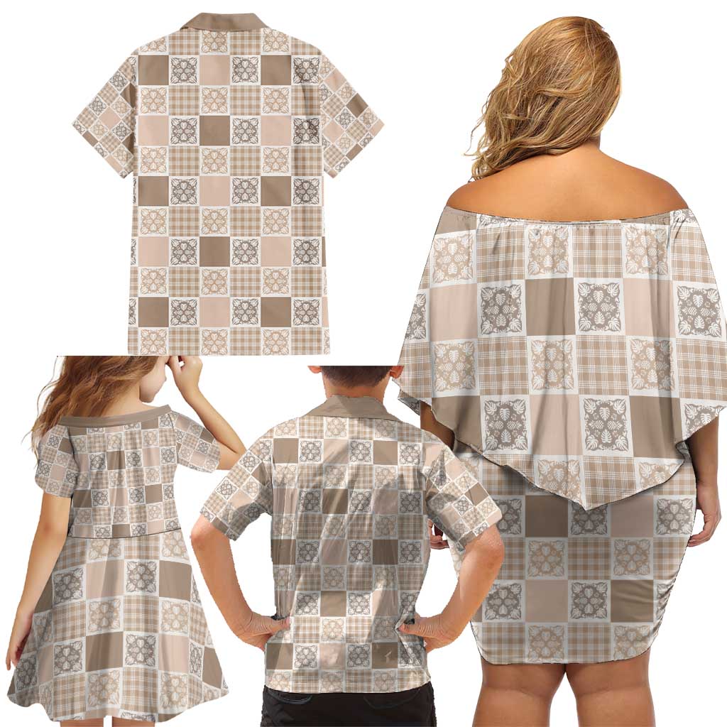 Hawaiian Palaka Quilt Pattern Family Matching Off Shoulder Short Dress and Hawaiian Shirt Hawaii Culture Tropical Flowers Mix LT9 - Polynesian Pride