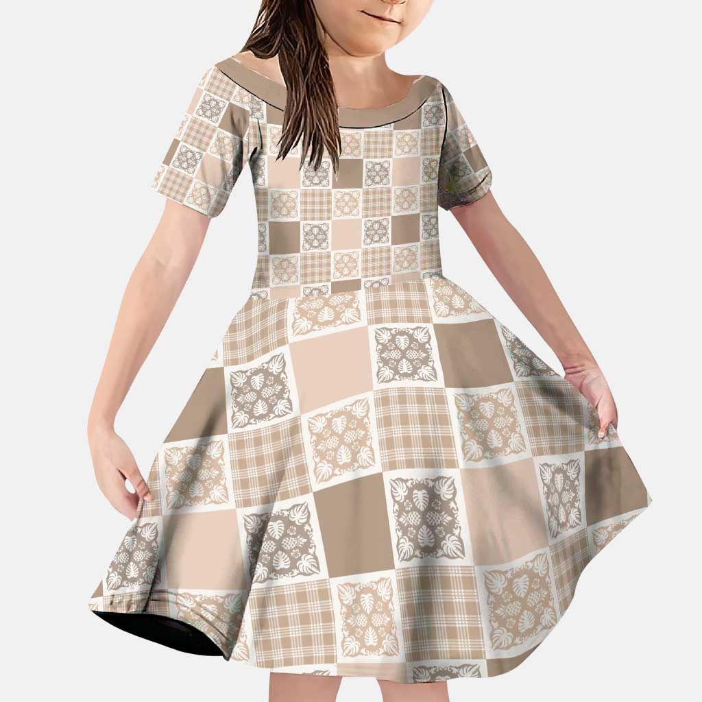 Hawaiian Palaka Quilt Pattern Family Matching Puletasi and Hawaiian Shirt Hawaii Culture Tropical Flowers Mix LT9 Daughter's Dress Beige - Polynesian Pride