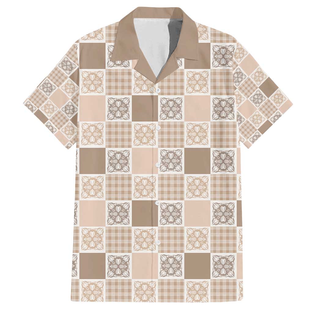 Hawaiian Palaka Quilt Pattern Family Matching Puletasi and Hawaiian Shirt Hawaii Culture Tropical Flowers Mix LT9 Dad's Shirt - Short Sleeve Beige - Polynesian Pride
