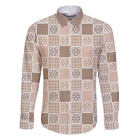 Hawaiian Palaka Quilt Pattern Family Matching Puletasi and Hawaiian Shirt Hawaii Culture Tropical Flowers Mix LT9 Dad's Shirt - Long Sleeve Beige - Polynesian Pride