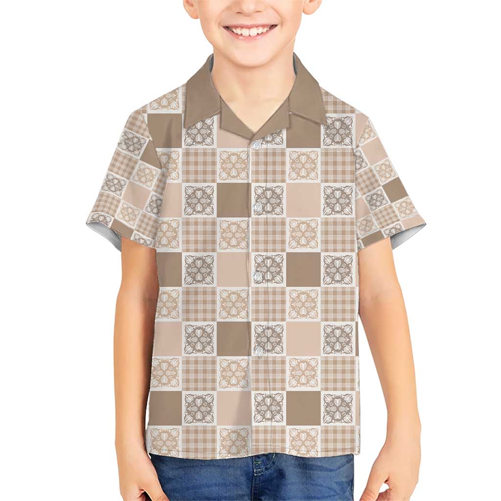 Hawaiian Palaka Quilt Pattern Kid Hawaiian Shirt Hawaii Culture Tropical Flowers Mix LT9 Kid Beige - Polynesian Pride