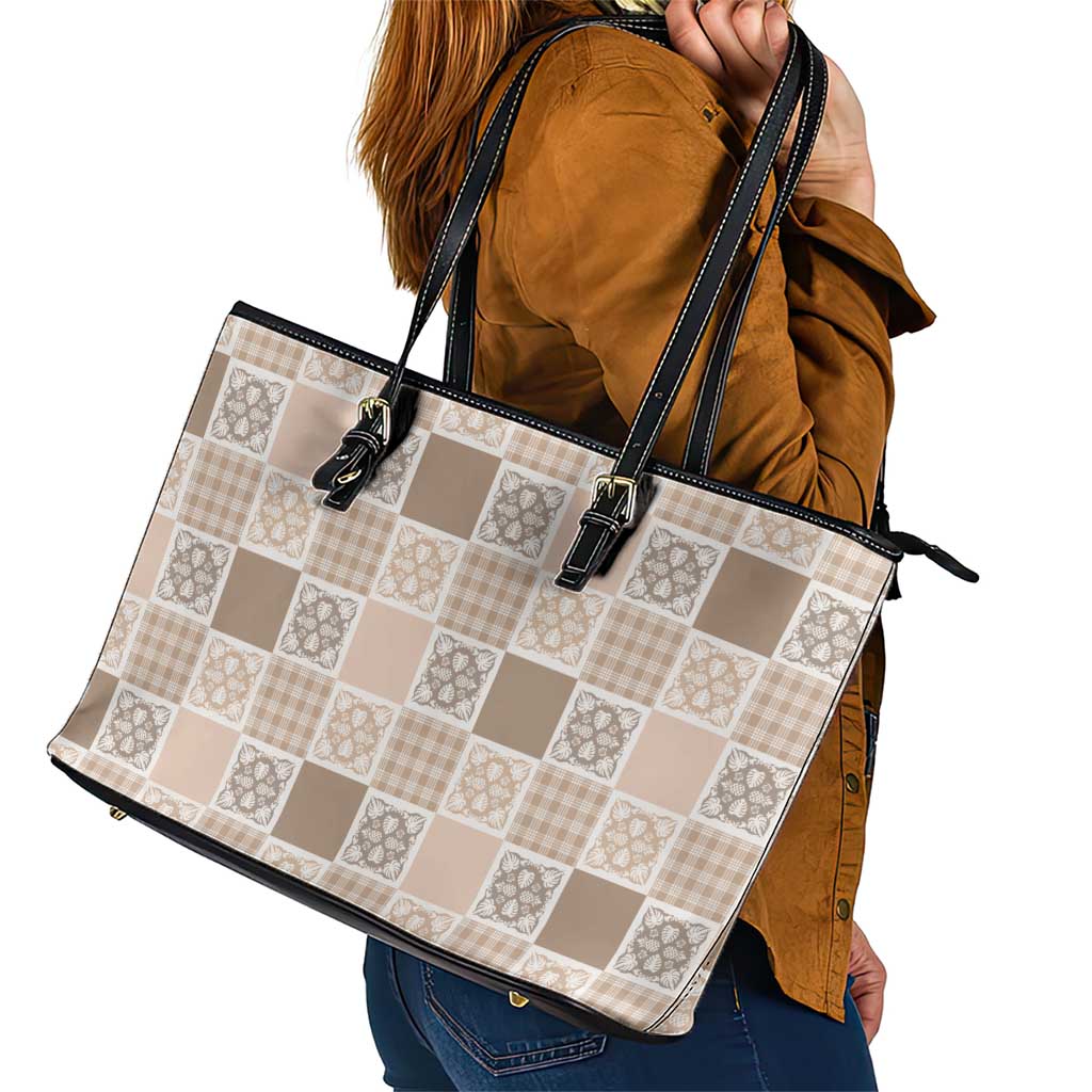 Hawaiian Palaka Quilt Pattern Leather Tote Bag Hawaii Culture Tropical Flowers Mix - Polynesian Pride
