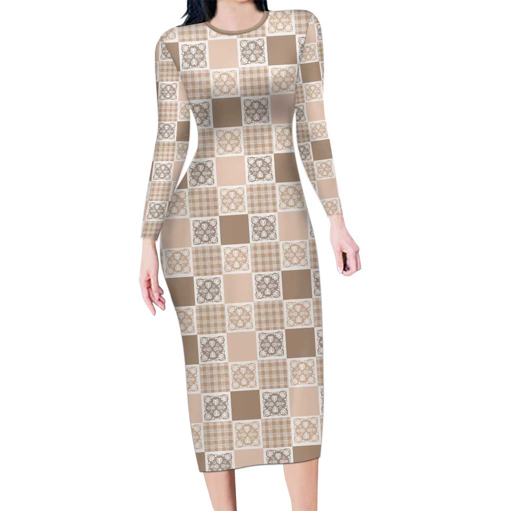 Hawaiian Palaka Quilt Pattern Long Sleeve Bodycon Dress Hawaii Culture Tropical Flowers Mix LT9 Long Dress Beige - Polynesian Pride