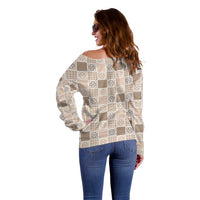 Hawaiian Palaka Quilt Pattern Off Shoulder Sweater Hawaii Culture Tropical Flowers Mix - Polynesian Pride