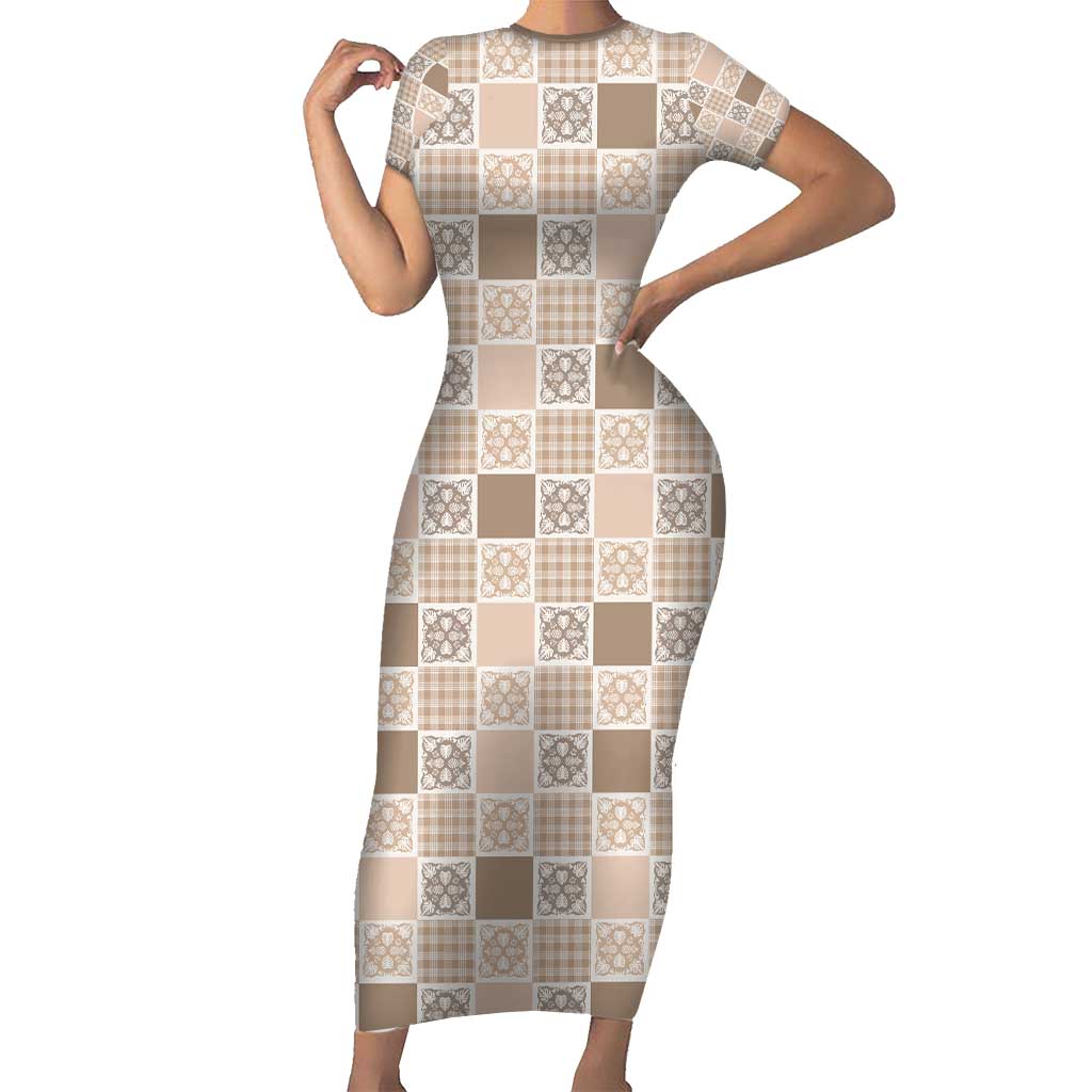 Hawaiian Palaka Quilt Pattern Short Sleeve Bodycon Dress Hawaii Culture Tropical Flowers Mix LT9 Long Dress Beige - Polynesian Pride
