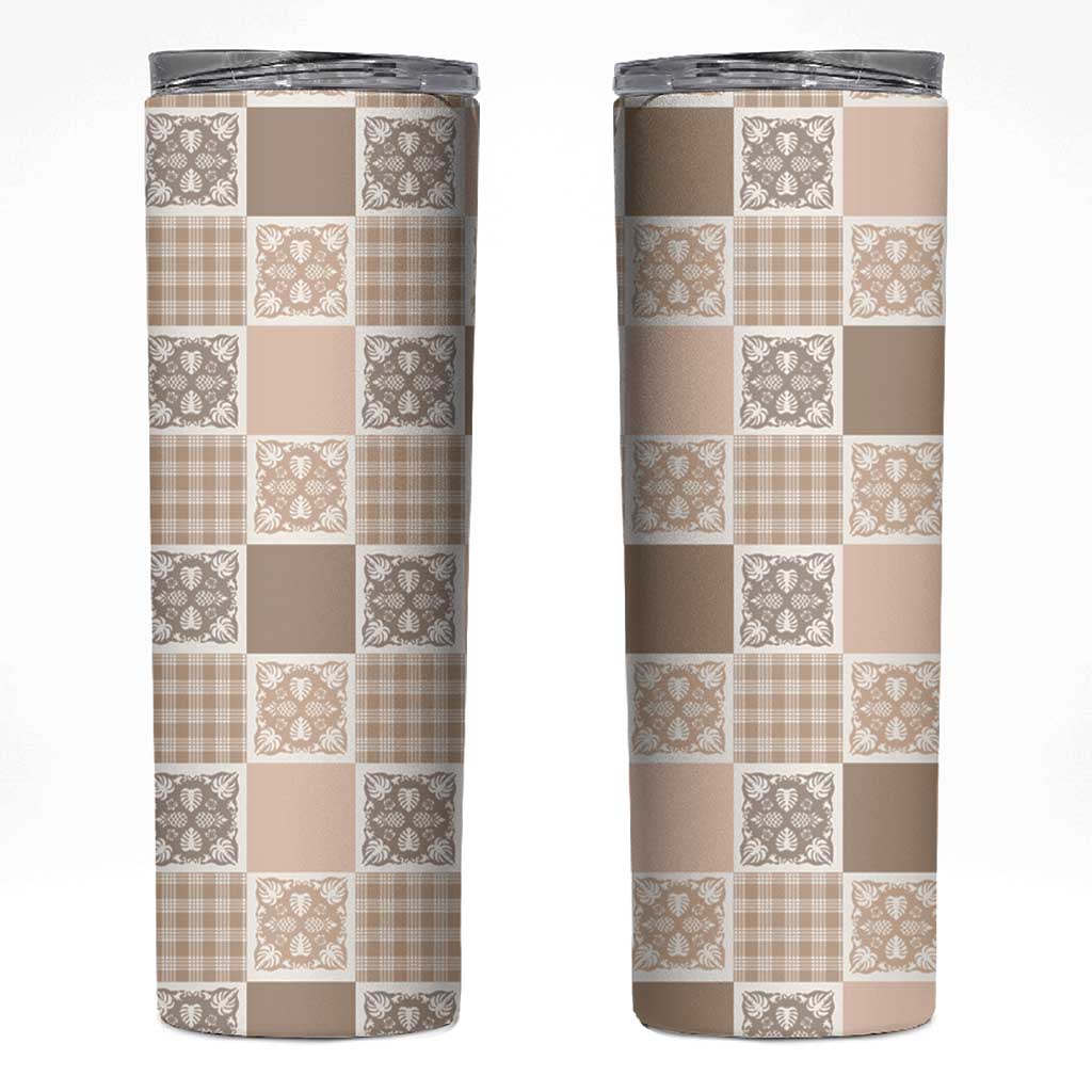 Hawaiian Palaka Quilt Pattern Skinny Tumbler Hawaii Culture Tropical Flowers Mix LT9 Beige - Polynesian Pride