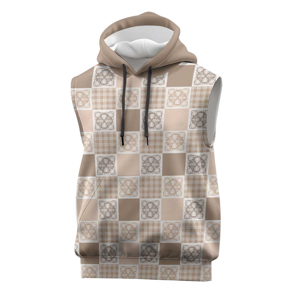 Hawaiian Palaka Quilt Pattern Sleeveless Hoodie Hawaii Culture Tropical Flowers Mix LT9 Beige - Polynesian Pride