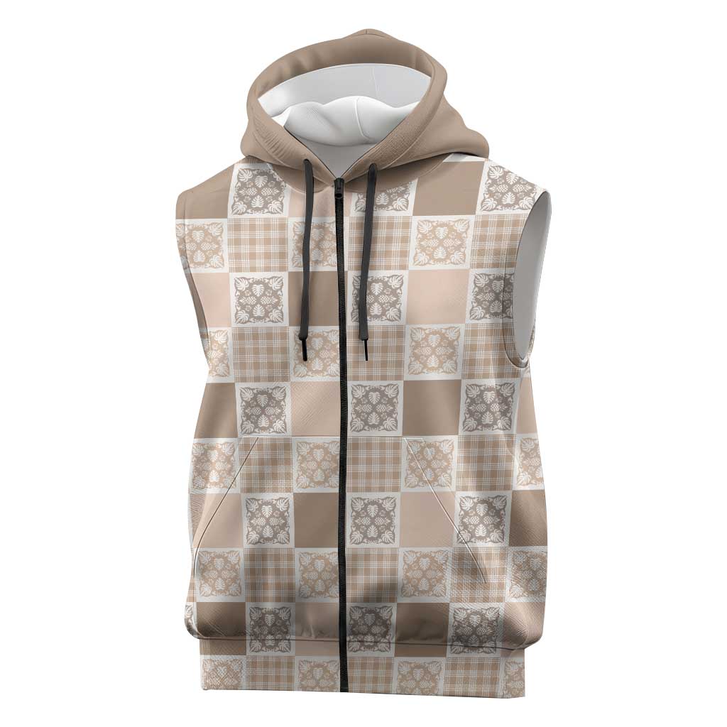 Hawaiian Palaka Quilt Pattern Sleeveless Zip Hoodie Hawaii Culture Tropical Flowers Mix LT9 Beige - Polynesian Pride