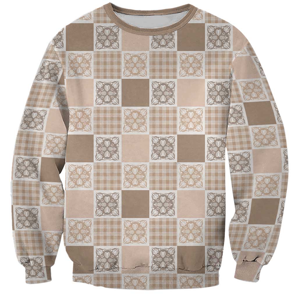 Hawaiian Palaka Quilt Pattern Sweatshirt Hawaii Culture Tropical Flowers Mix LT9 Unisex Beige - Polynesian Pride