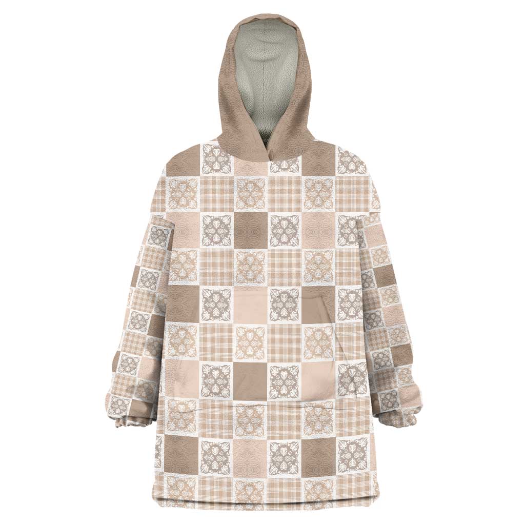 Hawaiian Palaka Quilt Pattern Wearable Blanket Hoodie Hawaii Culture Tropical Flowers Mix LT9 One Size Beige - Polynesian Pride