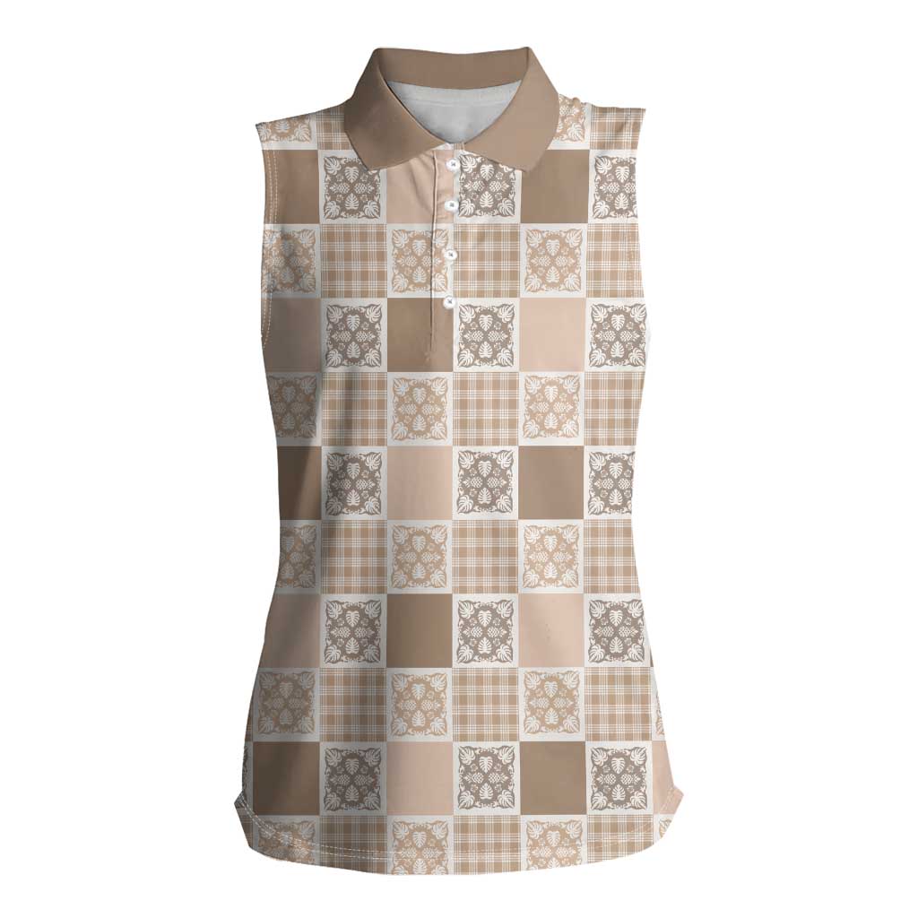 Hawaiian Palaka Quilt Pattern Women Sleeveless Polo Shirt Hawaii Culture Tropical Flowers Mix LT9 Female Beige - Polynesian Pride