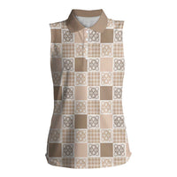 Hawaiian Palaka Quilt Pattern Women Sleeveless Polo Shirt Hawaii Culture Tropical Flowers Mix LT9 Female Beige - Polynesian Pride