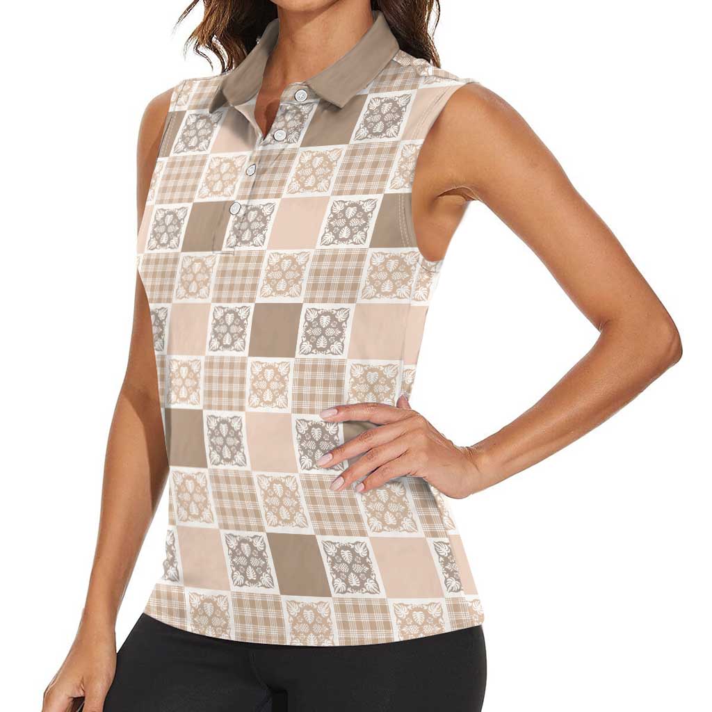 Hawaiian Palaka Quilt Pattern Women Sleeveless Polo Shirt Hawaii Culture Tropical Flowers Mix LT9 - Polynesian Pride