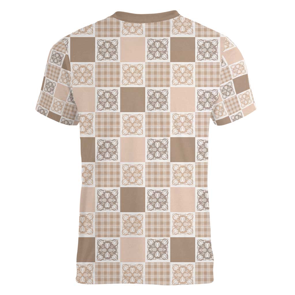 Hawaiian Palaka Quilt Pattern Women V-Neck T-Shirt Hawaii Culture Tropical Flowers Mix LT9 - Polynesian Pride
