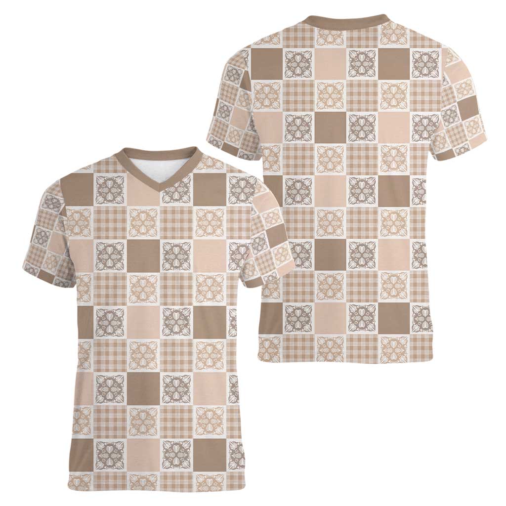 Hawaiian Palaka Quilt Pattern Women V-Neck T-Shirt Hawaii Culture Tropical Flowers Mix LT9 - Polynesian Pride