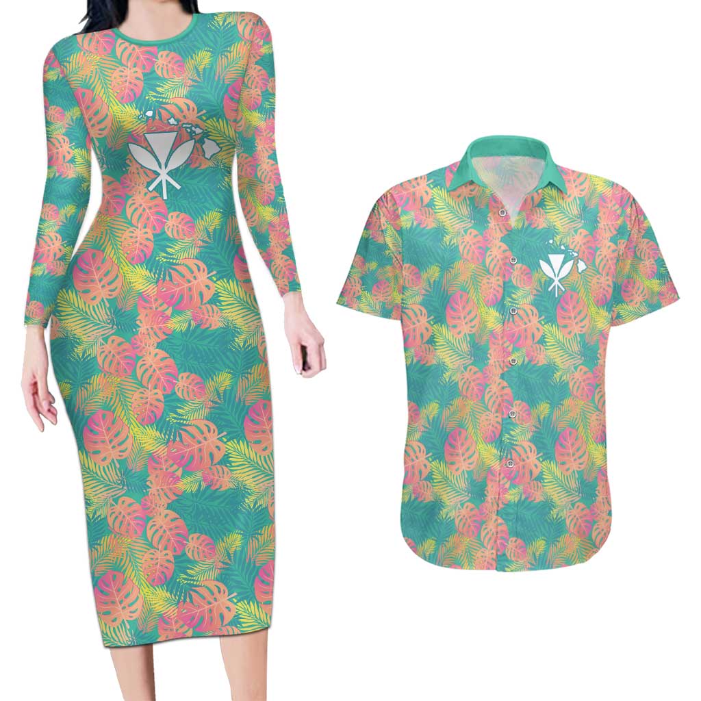 Personalised Seamless Hawaiian Quilt Pattern Couples Matching Long Sleeve Bodycon Dress and Hawaiian Shirt Hawaii Culture Palm Leaf Tropical LT9 Beige - Polynesian Pride