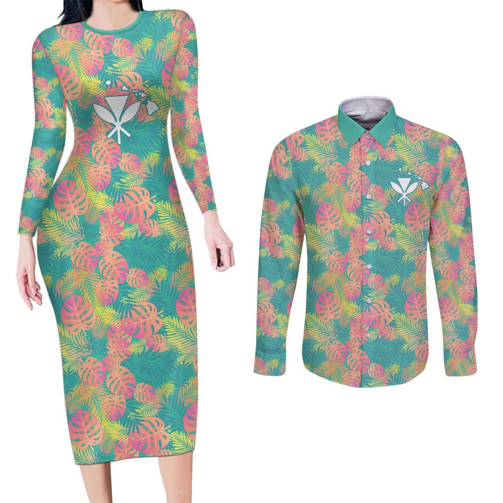 Personalised Seamless Hawaiian Quilt Pattern Couples Matching Long Sleeve Bodycon Dress and Long Sleeve Button Shirt Hawaii Culture Palm Leaf Tropical LT9 Beige - Polynesian Pride