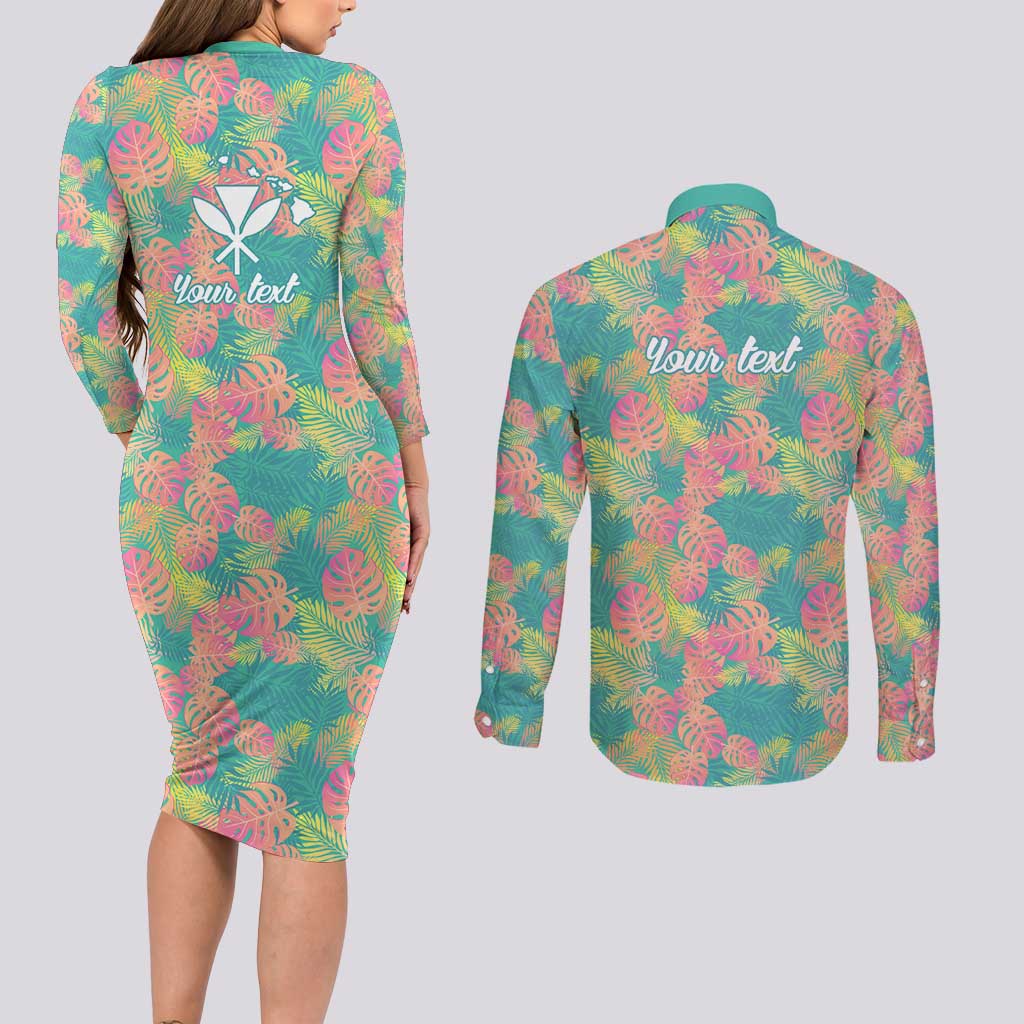 Personalised Seamless Hawaiian Quilt Pattern Couples Matching Long Sleeve Bodycon Dress and Long Sleeve Button Shirt Hawaii Culture Palm Leaf Tropical LT9 - Polynesian Pride