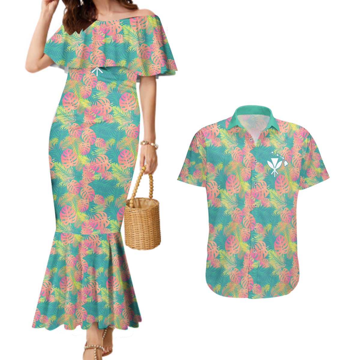 Personalised Seamless Hawaiian Quilt Pattern Couples Matching Mermaid Dress and Hawaiian Shirt Hawaii Culture Palm Leaf Tropical LT9 Beige - Polynesian Pride
