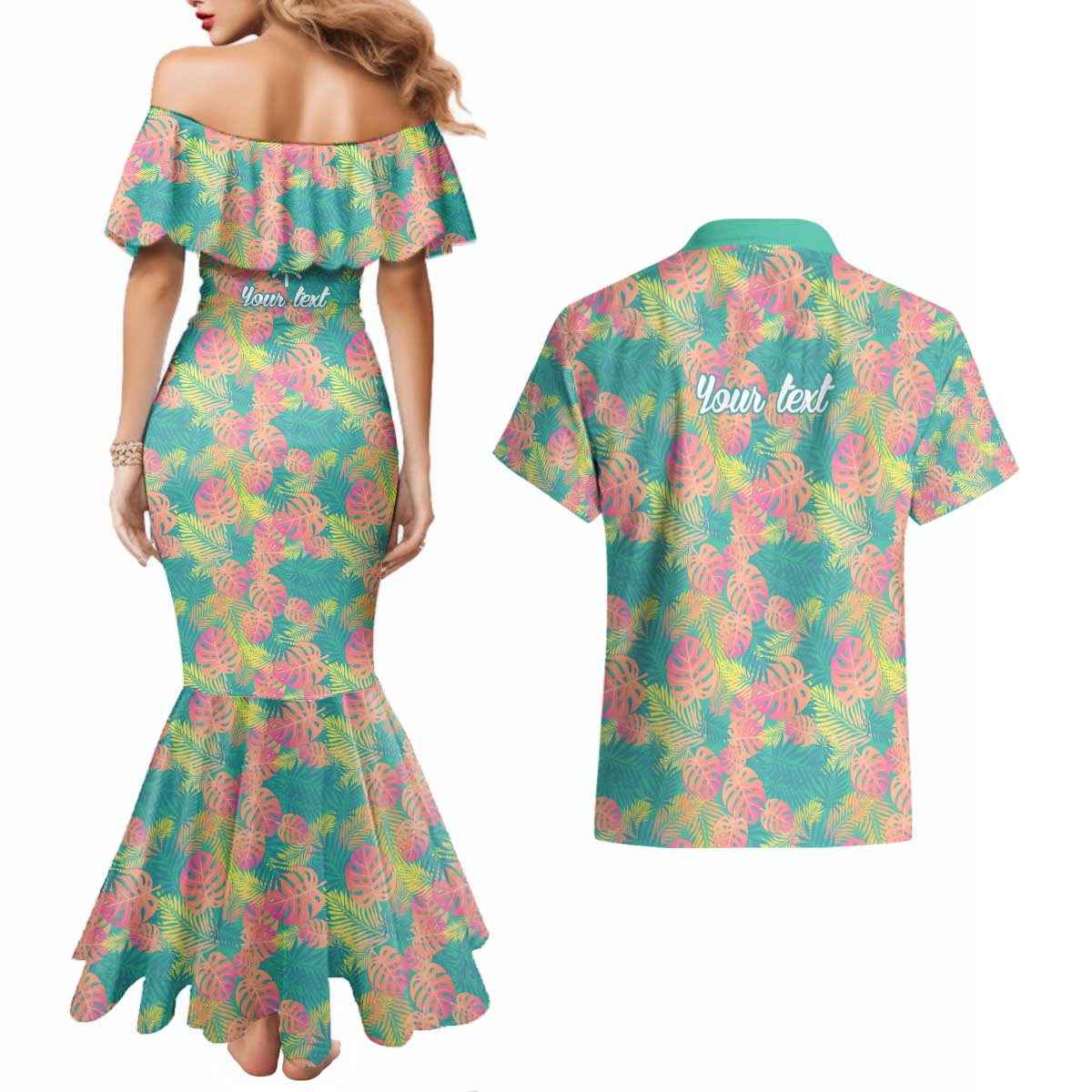 Personalised Seamless Hawaiian Quilt Pattern Couples Matching Mermaid Dress and Hawaiian Shirt Hawaii Culture Palm Leaf Tropical LT9 - Polynesian Pride