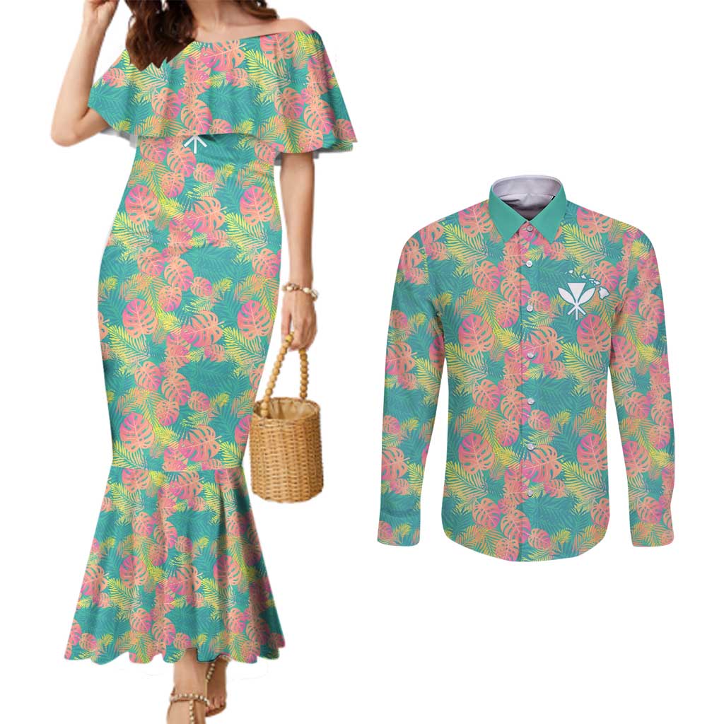 Personalised Seamless Hawaiian Quilt Pattern Couples Matching Mermaid Dress and Long Sleeve Button Shirt Hawaii Culture Palm Leaf Tropical LT9 Beige - Polynesian Pride