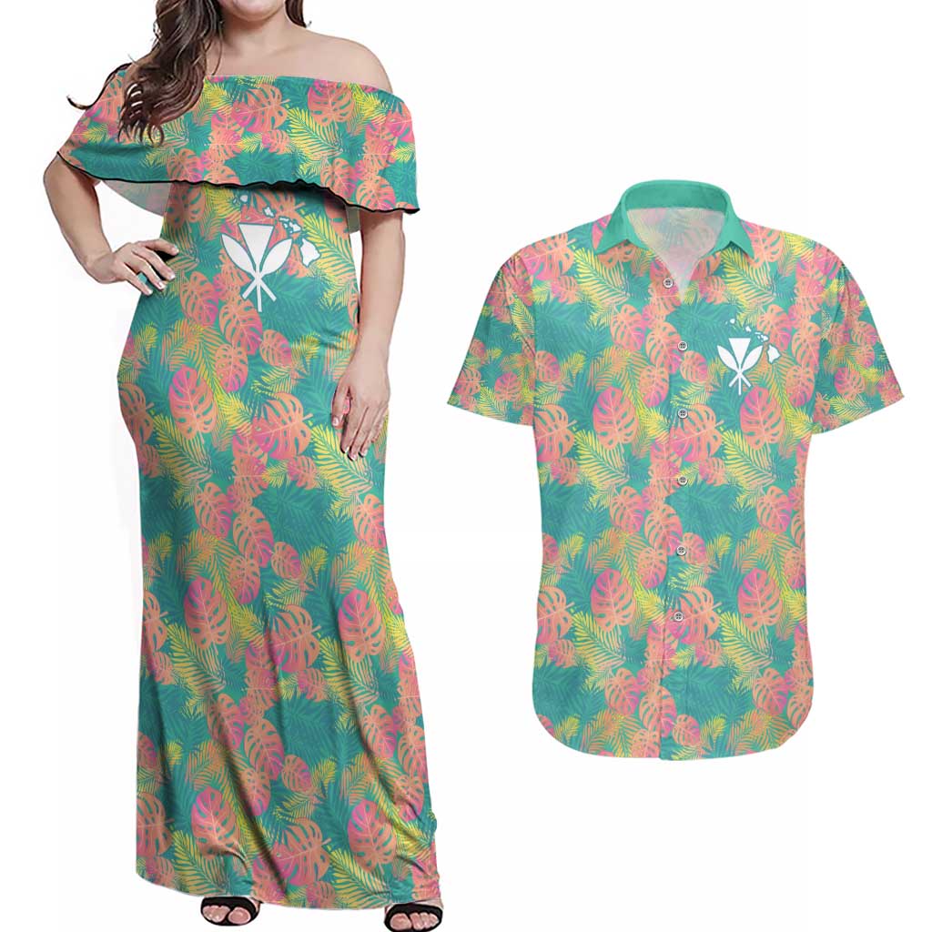 Personalised Seamless Hawaiian Quilt Pattern Couples Matching Off Shoulder Maxi Dress and Hawaiian Shirt Hawaii Culture Palm Leaf Tropical LT9 Beige - Polynesian Pride