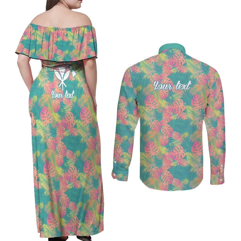 Seamless Hawaiian Quilt Pattern Couples Matching Off Shoulder Maxi Dress and Long Sleeve Button Shirt Hawaii Culture Palm Leaf Tropical - Polynesian Pride