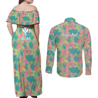 Seamless Hawaiian Quilt Pattern Couples Matching Off Shoulder Maxi Dress and Long Sleeve Button Shirt Hawaii Culture Palm Leaf Tropical - Polynesian Pride