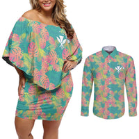 Personalised Seamless Hawaiian Quilt Pattern Couples Matching Off Shoulder Short Dress and Long Sleeve Button Shirt Hawaii Culture Palm Leaf Tropical LT9 Beige - Polynesian Pride