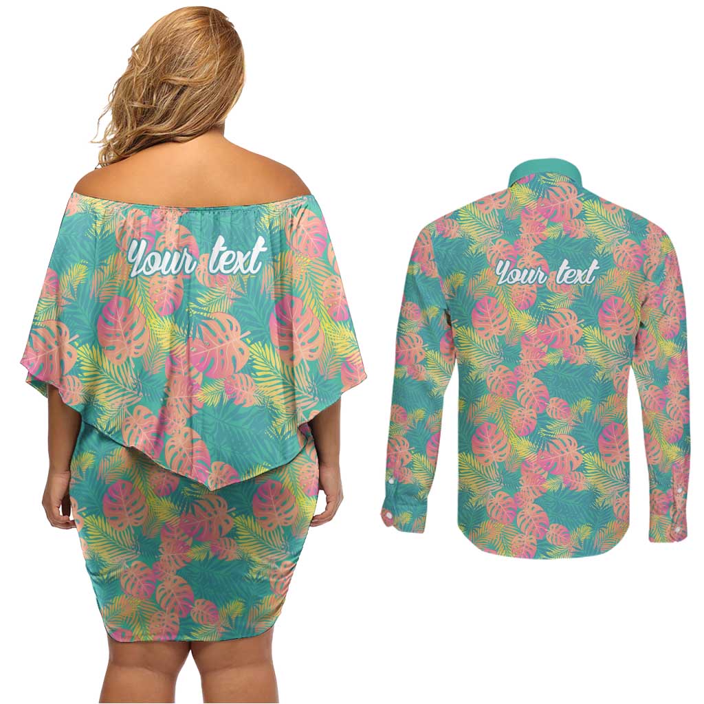 Personalised Seamless Hawaiian Quilt Pattern Couples Matching Off Shoulder Short Dress and Long Sleeve Button Shirt Hawaii Culture Palm Leaf Tropical LT9 - Polynesian Pride