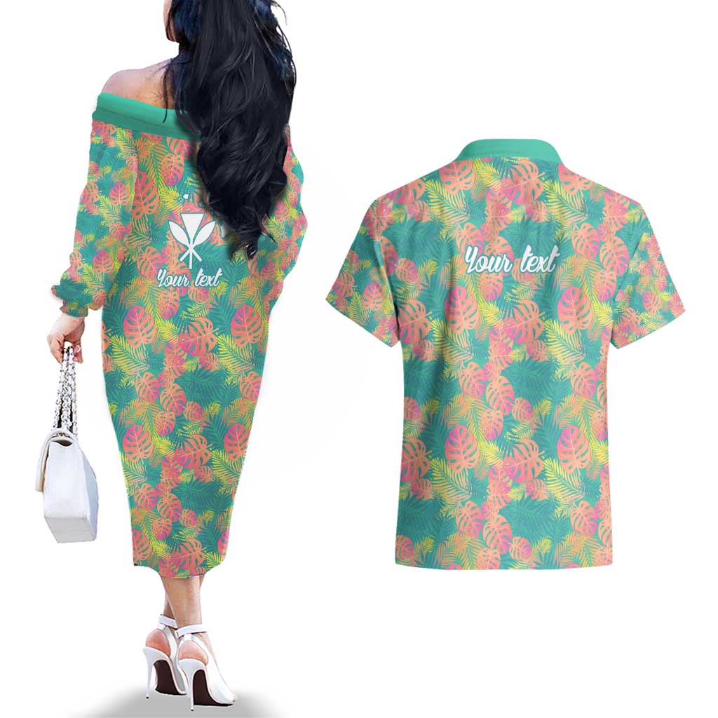 Personalised Seamless Hawaiian Quilt Pattern Couples Matching Off The Shoulder Long Sleeve Dress and Hawaiian Shirt Hawaii Culture Palm Leaf Tropical LT9 - Polynesian Pride