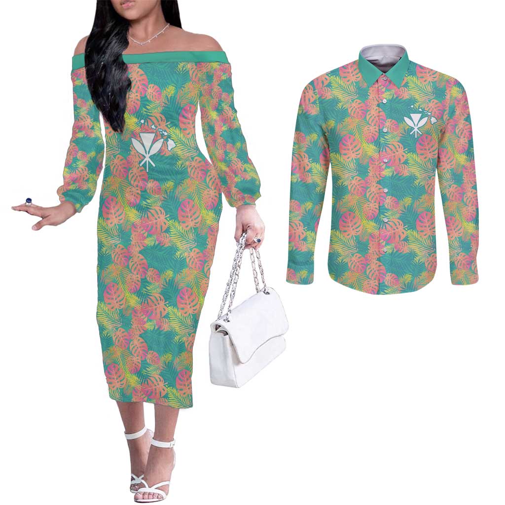 Personalised Seamless Hawaiian Quilt Pattern Couples Matching Off The Shoulder Long Sleeve Dress and Long Sleeve Button Shirt Hawaii Culture Palm Leaf Tropical LT9 Beige - Polynesian Pride