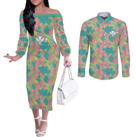 Personalised Seamless Hawaiian Quilt Pattern Couples Matching Off The Shoulder Long Sleeve Dress and Long Sleeve Button Shirt Hawaii Culture Palm Leaf Tropical LT9 Beige - Polynesian Pride