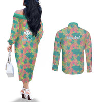 Personalised Seamless Hawaiian Quilt Pattern Couples Matching Off The Shoulder Long Sleeve Dress and Long Sleeve Button Shirt Hawaii Culture Palm Leaf Tropical LT9 - Polynesian Pride