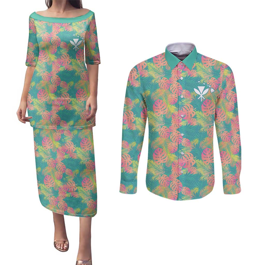 Personalised Seamless Hawaiian Quilt Pattern Couples Matching Puletasi and Long Sleeve Button Shirt Hawaii Culture Palm Leaf Tropical LT9 Beige - Polynesian Pride